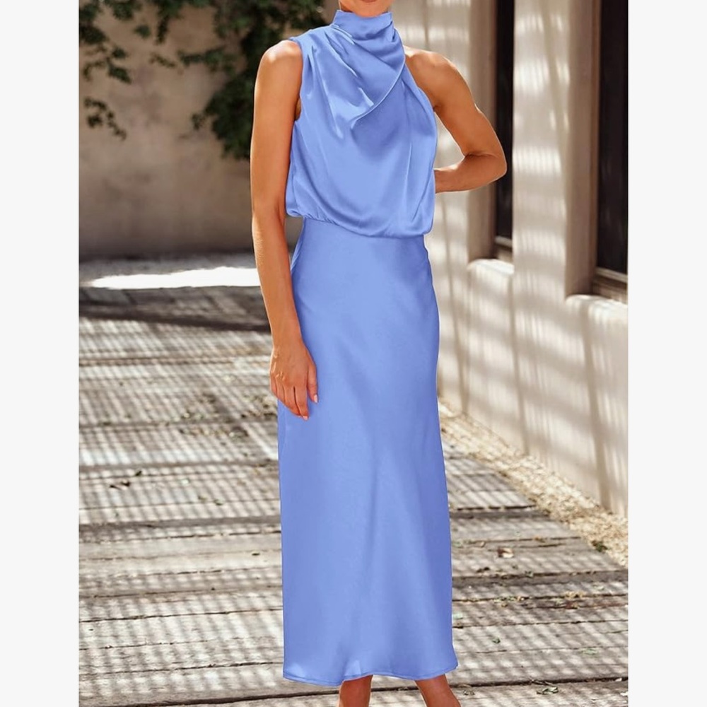 Silky satin blue sleeveless dress